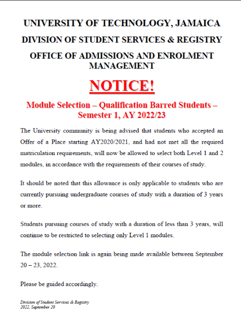UTechRegistrar's tweet photo. Module Selection - Qualification Barred Students - Sem. 1, AY 2022/2023 https://t.co/4RO463OI7t