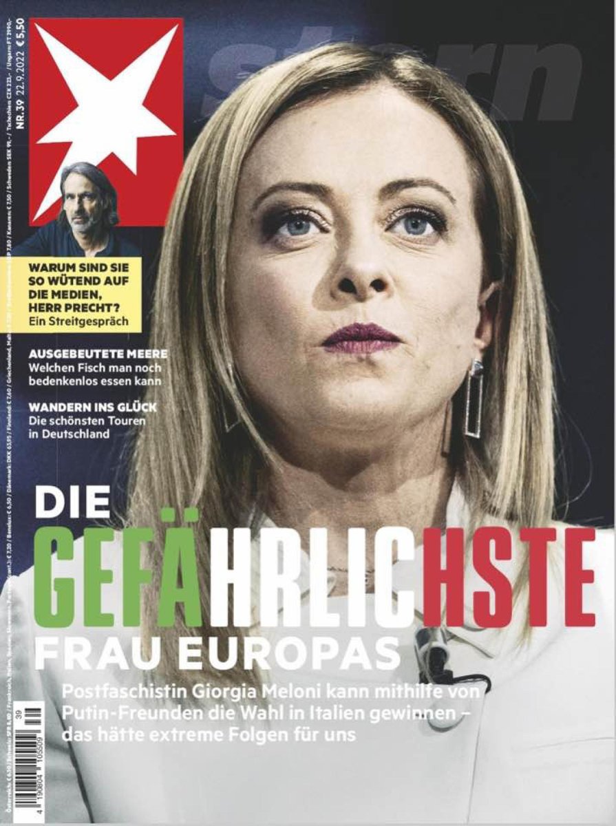 Agenzia_Ansa's tweet photo. La copertina del nuovo numero del settimanale tedesco Stern è dedicata a Giorgia Meloni, definita "La donna più pericolosa d'Europa". #ANSA
https://t.co/Cqk9cSYeyx https://t.co/eTYVFJhThS