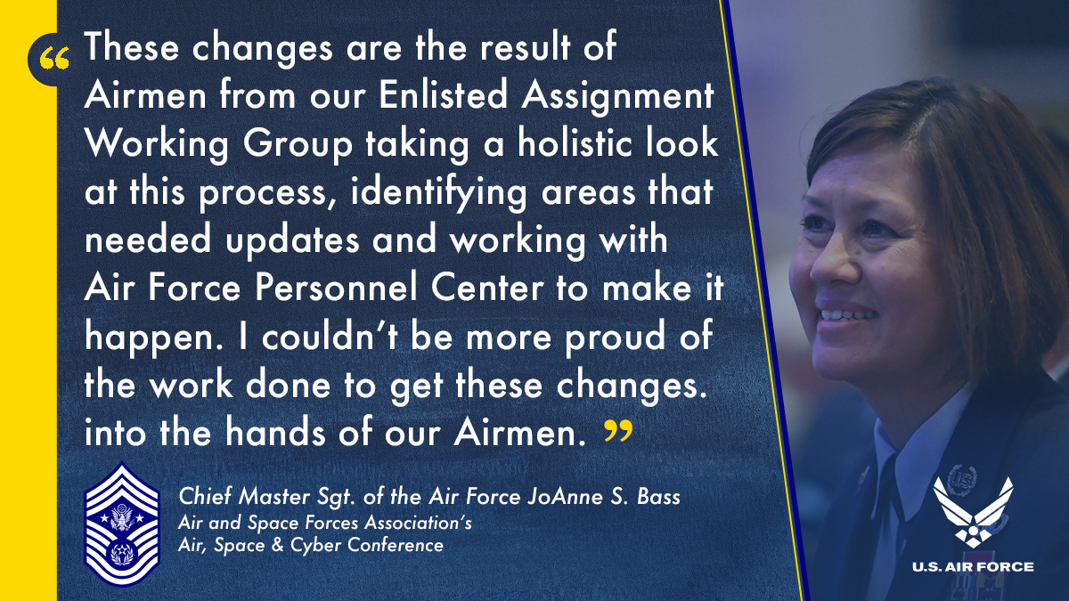 .<a href="/cmsaf_official/">Chief Master Sergeant of the Air Force</a> JoAnne Bass, recently announced changes and updates from an enlisted assignment working group. Read more about the changes: bit.ly/3f1Ke7T