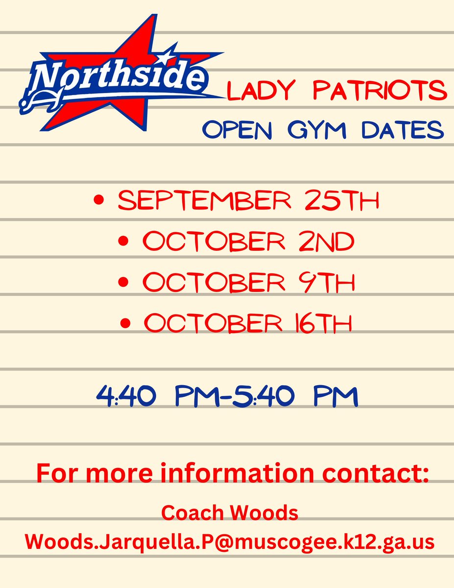 College Coaches here is our OPEN GYM schedule. Feel free to stop by! Contact <a href="/Quella_Woods/">Jarquella Woods</a> for gym location 💎❤️🤍💙 <a href="/KyleSandy355/">Kyle Sandy</a> <a href="/Northsideladyp1/">Northside Lady Patriots</a>