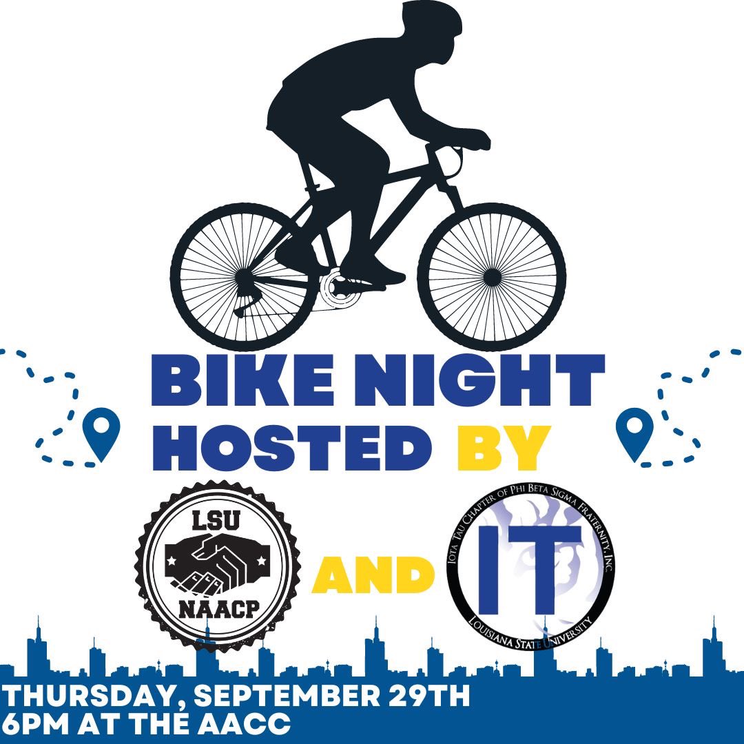 LSUsigmas's tweet photo. We are partnering with LSU NAACP and Geaux Ride for the annual bike night around campus! There will be food and special guests. $5 for paid members and $10 for non-members.
#lsusigmas #pbs1914 #lsu https://t.co/CsJ9uZhdIV