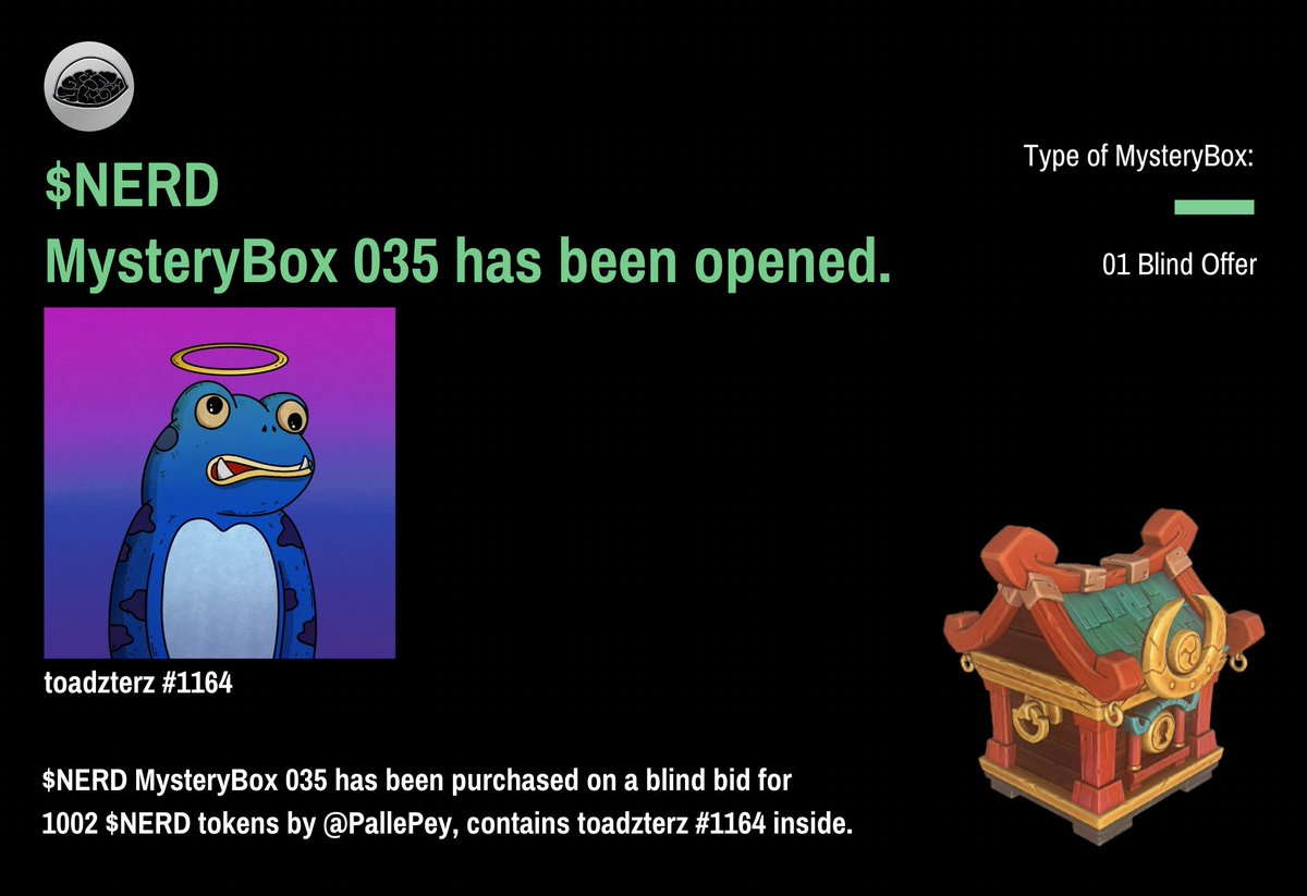 🎁 $NERD MysteryBox 035 has been revealed!🎁

$NERD MysteryBox 035 has been purchased on a blind bid for 1002 $NERD by <a href="/PallePey/">(💀.💀) PallePey | Woop 🤙</a> and it contains @toadzterz #1164. Congrats!🧠

Next box will be live in few hours in Discord.👀

#R2E #NAH #Raid2Earn 
<a href="/ApeNerdy/">Nerdy Ape Hub {🧠}</a> 🍇