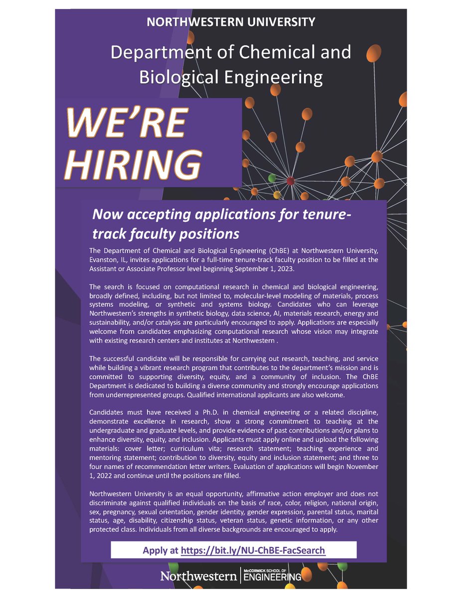 Northwestern ChBE is hiring! Come work with me and my fantastic colleagues in a supportive and thriving environment! Tenure Track Faculty Position -> bit.ly/NU-ChBE-FacSea…
#FacultyChemEJobs