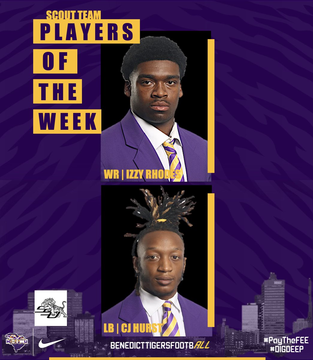 Go Tigers!

We’re proud to announce our Players Of The Week from our 24-6 victory over Savannah State. 

<a href="/BenedictEDU/">Benedict College</a> <a href="/benedict_tigers/">BC Tigers Athletics</a> <a href="/TheShift6/">Zaire Scotland</a> <a href="/daythandp4/">Daythan Peterson</a> <a href="/OlajuwoneSmith/">OJ da Juiceman 🧃♐️👾😈</a> <a href="/Grouponpapi/">Jared Eubanks</a> <a href="/john69diaz/">John Diaz</a> <a href="/duehart/">Lars Stig Duehart</a>

#CWCW #PayTheFEE #RARE #DigDeep