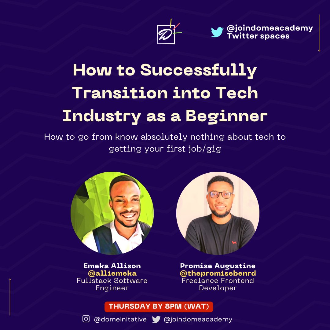 Don’t miss tomorrow’s space with <a href="/alliemeka/">Emeka עִמָּנוּאֵל ✝️</a> and <a href="/ThePromiseBenrd/">Thepromisebenard</a> as we discuss how to successfully transition into tech.