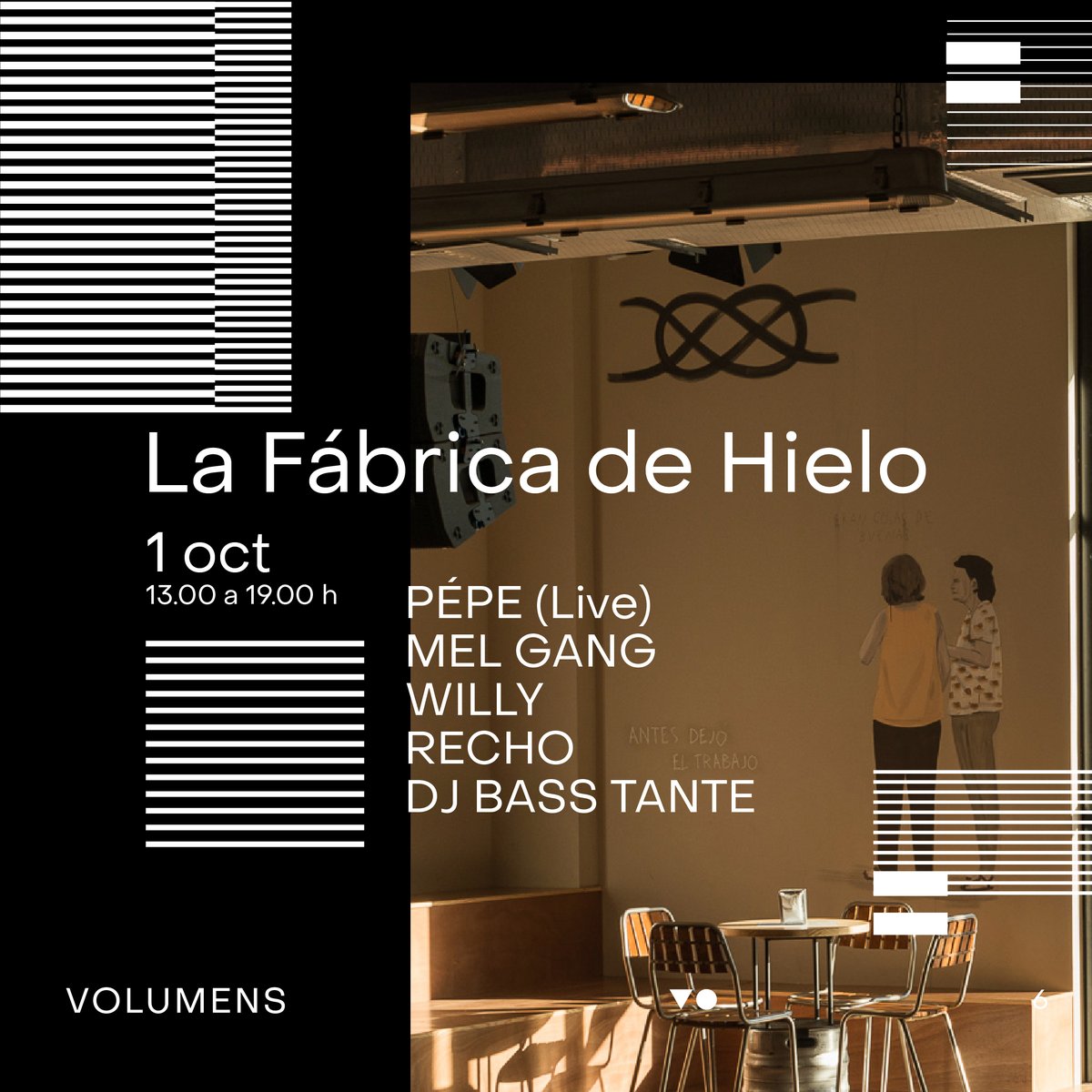 VolumensFest's tweet photo. 1 DE OCTUBRE | @lafabricadehielo_ |13h-19h
Conciertos ENTRADA LIBRE #VO6
PEPE, ha atravesado con elegancia los reinos del house, el bass music y el breakbeat durante los últimos años. 
MEL GANG, Colectivo compuesto de 5 jóvenes valencianos que apuestan por el eclecticismo musical https://t.co/rL4n9v2vtS