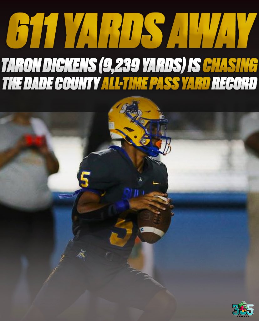 AnthonyYero1's tweet photo. Taron Dickens is chasing greatness. ⭐️ @behumbletyger5 @305Sportss 

Dickens is just 611 passing yards away from surpassing Torey Morrison as Miami-Dade County’s all-time pass yards leader. @mnwbullsfootba1 https://t.co/NFhDFzTfiI