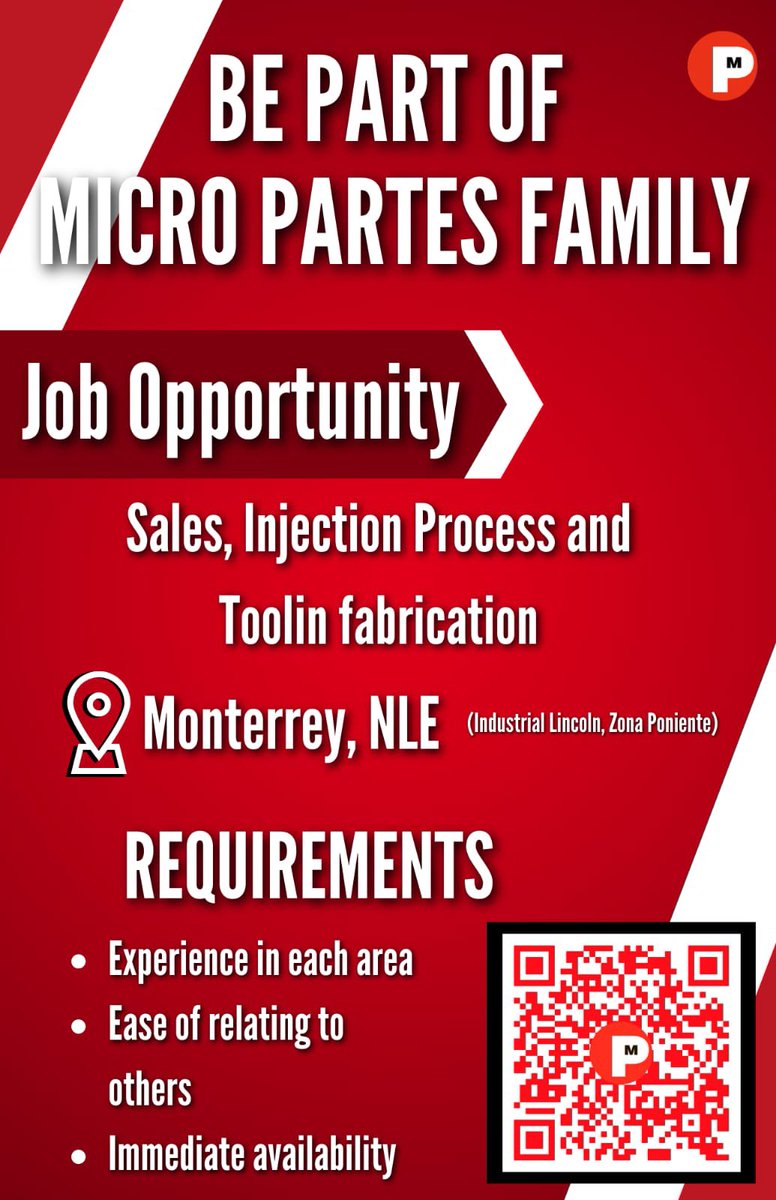 MicroPartes's tweet image. Únete al Equipo de #MicroPartes tenemos vacantes disponibles.

Escanea el QR, te enviará al portal de Capital Humano de @GrupoMarol completa el formulario y listo. Personal de RH analizará tu información y contactará. 

 #rh #vacantes #Monterrey #NuevoLeon #empleo #oportunidad