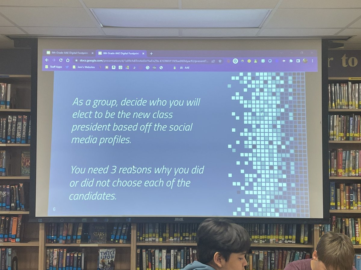 Jharrisreads's tweet photo. Learning about our digital footprints 👣 in 6th grade at @AA_Eagles #CyberSafetyWeek @GISDREADS @GISDTLD #gisdlibraries https://t.co/AEZ2WNTNoR