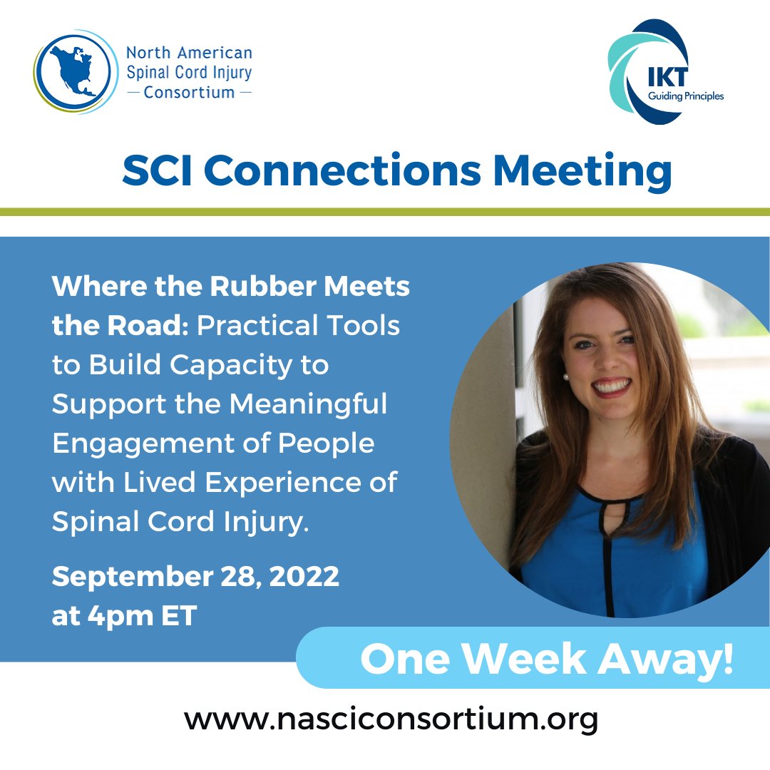 Our SCI Connections meeting is 1 week away! Register for free at - nascic.wufoo.com/forms/sci-conn…

This month we will be featuring Dr. Heather Gainforth and the IKT Guiding Principles team, who will lead a session entitled: