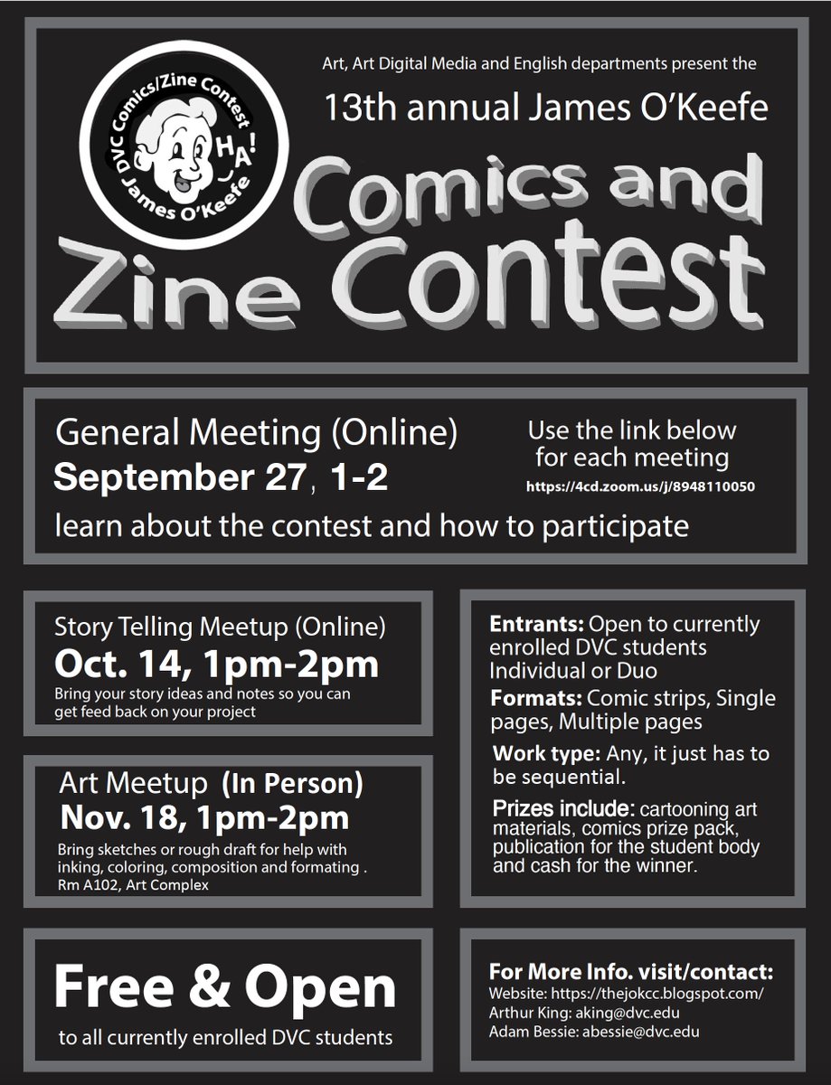 dvcartgallery's tweet photo. Time for the 13th Annual James O'Keefe Comics and Zine Contest, Join us on September 27, from 1-2 on Zoom to learn how you can participate Use the link below to join the Zoom meeting.
https://t.co/RW4ZuA9Aoa

To see last years award winners go to:
https://t.co/smo8bS0SZ5 https://t.co/Su0ISGbVwh