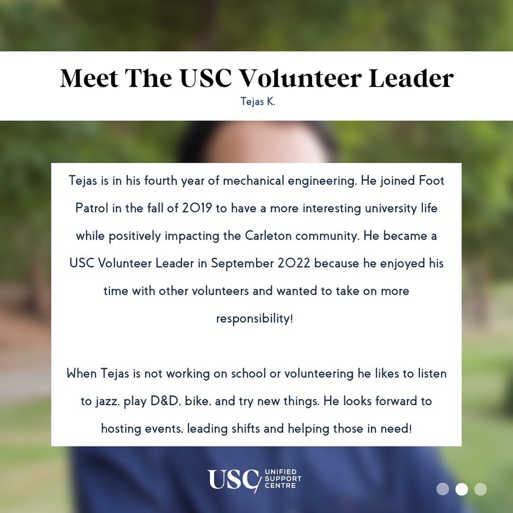 usc_cusa's tweet photo. Meet Tejas! 🎉

Tejas is one of the USC’s three Volunteer Leaders being introducing this week. Swipe through to learn more about him and how to volunteer with us! https://t.co/PKPV5jKOCH