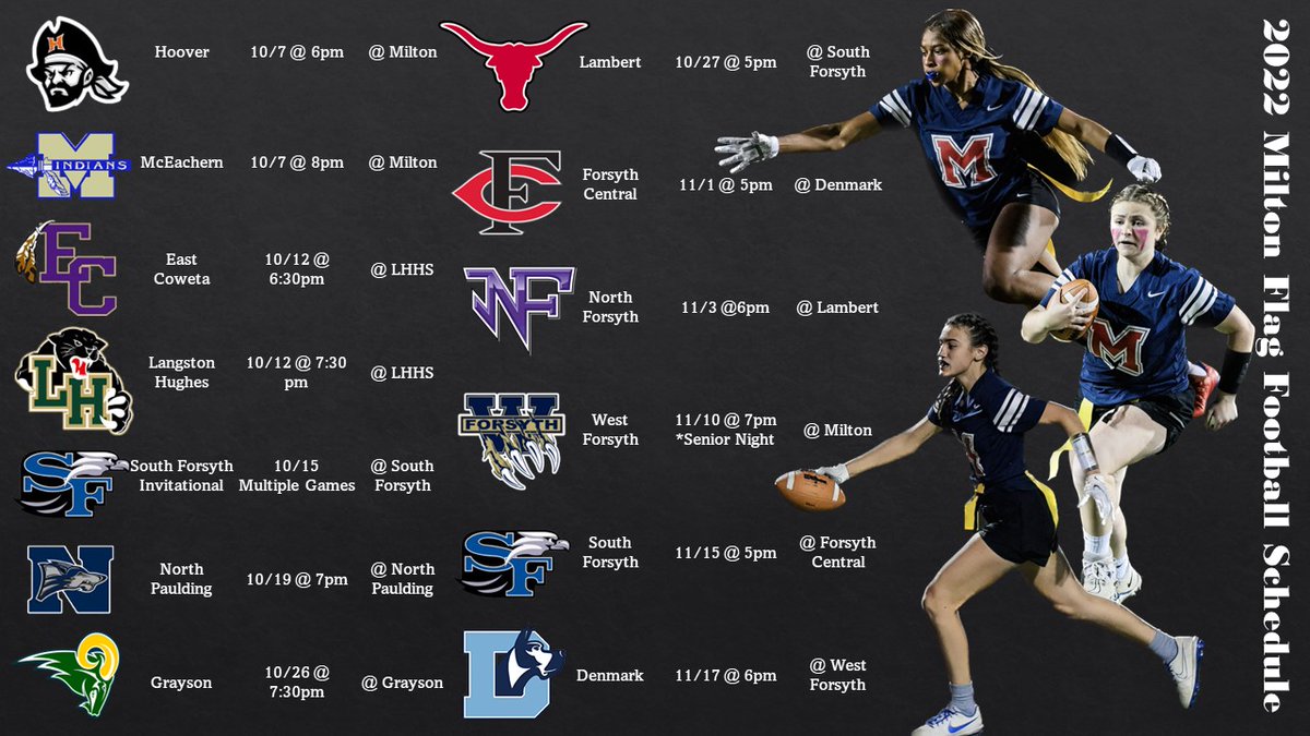 Official 2022 Milton Flag Football Schedule 🔥🏈<a href="/CoachNix22/">Clark Nixon</a>  <a href="/_ChristieVice_/">Christie Vice</a>  <a href="/MiltonHighSch/">Milton High School</a> @Milton_AD1