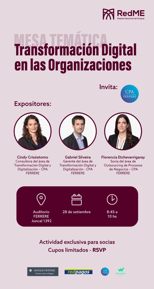 cpa_ferrere's tweet photo. #URUGUAY El 28/9 recibimos a la Red de Mujeres Ejecutivas del Uruguay. Los profesionales de CPA FERRERE, Florencia Etcheverrigaray, @CindyCrisost  y @GSilveira86 darán la charla "Transformación digital en las organizaciones", para socias de la red.

👉https://t.co/SsfFHjQ3xQ https://t.co/dvI9Uiu52j