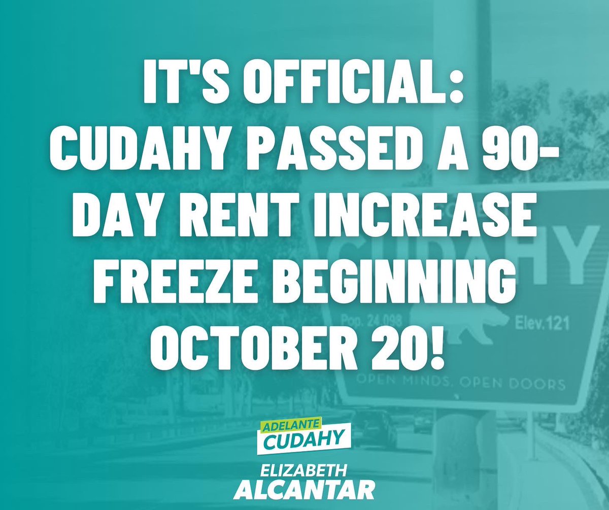 Cudahy renters will now have rent increase relief from October 20 to January 18 which means they cannot raise your rent during that time period. Thank you to Vice Mayor <a href="/JRGonzalezSELA/">Jose Gonzalez</a> and Councilmember Daisy Lomelí for your support.