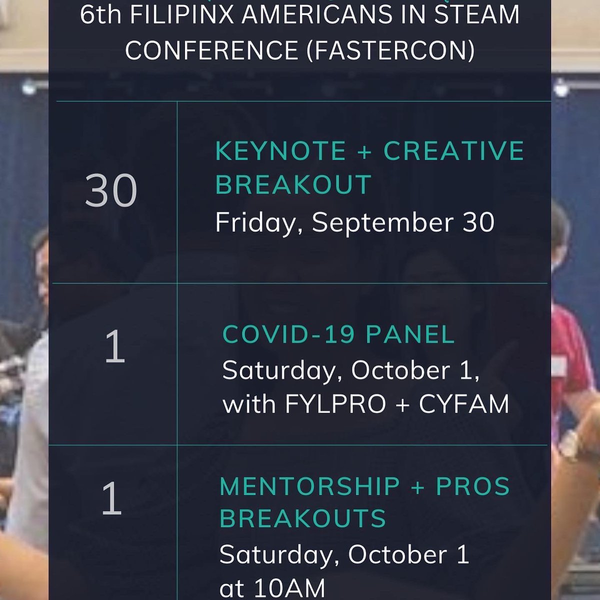 fastersteam's tweet image. FASTERCON22 Schedule 

Fri 9/30 Talks: bit.ly/FASTERCON22D1

Creative Networking bit.ly/FASTERCON22FAC…

10/1 COVID-19 Panel:
bit.ly/FASTERCON22COV…

10/1 Mentorship + Professional Breakouts
bit.ly/FASTERCON22D2B

#FASTERCON22 #FASTERCON #FilipinoAmerican #FilipinaAmerican