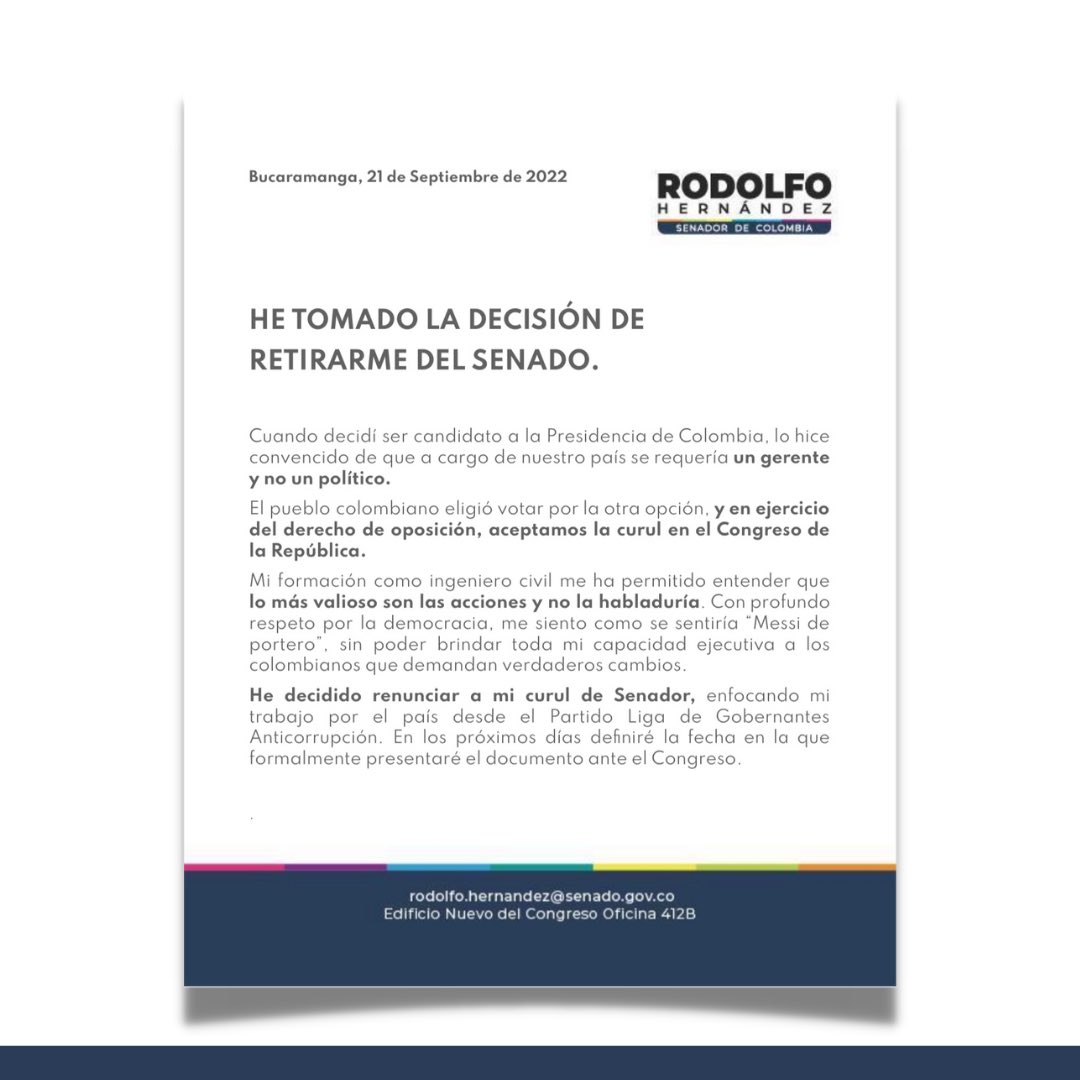 ingrodolfohdez's tweet photo. Colombianos, he decidido retirarme como Senador de la República. 🙏🏼🇨🇴 https://t.co/LEWg4h37M5