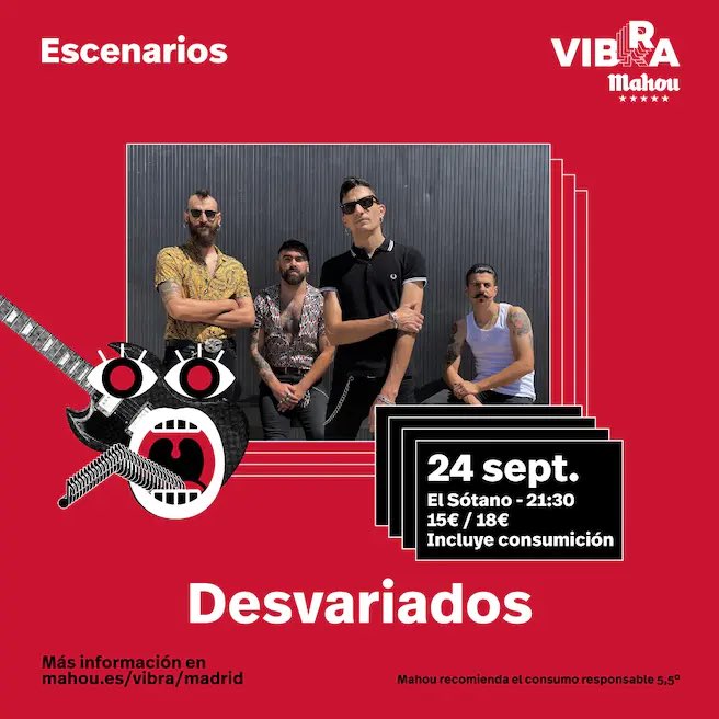 El 24 de septiembre <a href="/Desvariados/">Desvariados</a> en concierto en la <a href="/SalaElSotano/">El Sótano</a> de Madrid, entradas aquí: conciertospormadrid.com/event/desvaria…
<a href="/conci_Madrid/">ConciertosporMadrid</a> 
#conciertospormadrid
