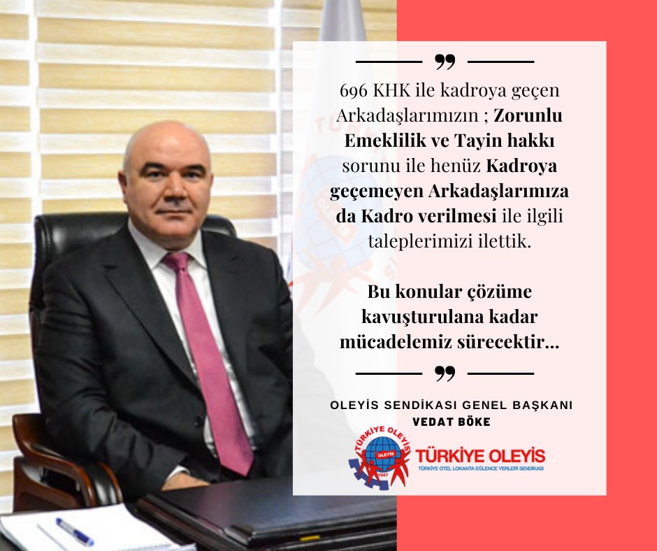 Oleyis Sendikası olarak emekçilerimizin #zorunluemeklilik, #tayinhakkı, #kadro gibi bu haklı taleplerinin takipçisi olacağız. 
Çözüme ulaşana kadar her platformda bu sorunları dile getirmeye ve omuz omuza mücadelemize devam edeceğiz. 
#taleplerimizdehaklıyızOleyis Sendikası olara