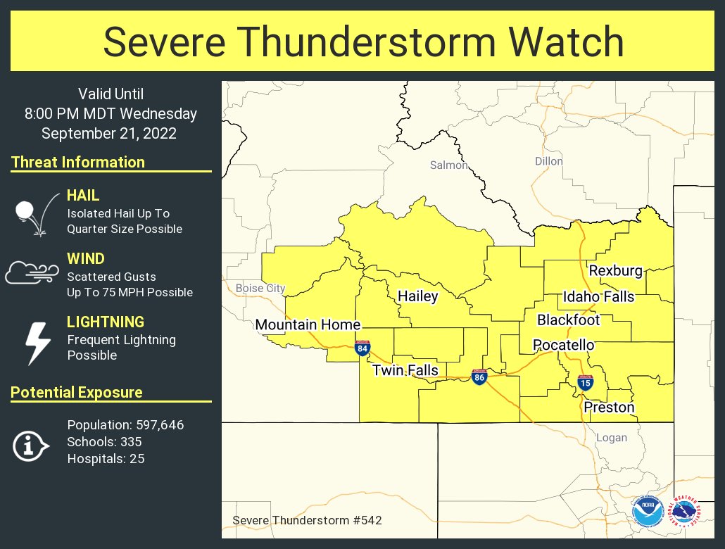 NWSSevereTstorm's tweet image. A severe thunderstorm watch has been issued for parts of Idaho until 8 PM MDT