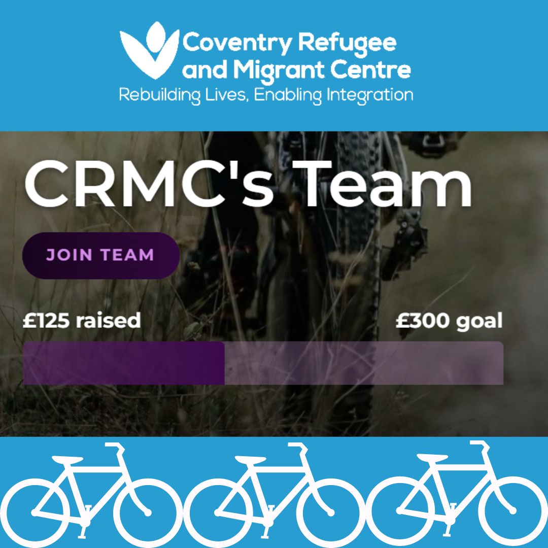 CRMCCov's tweet photo. Team members at CRMC are cycling 40 miles to raise awareness of the £40.85 a week that asylum seekers must live on, and highlighting the thousands stuck in the asylum system. 

Help get an asylum seeker get a refurbished bike.

Follow link to donate! 
https://t.co/4vd6FTbc5l https://t.co/64abPf8qVs