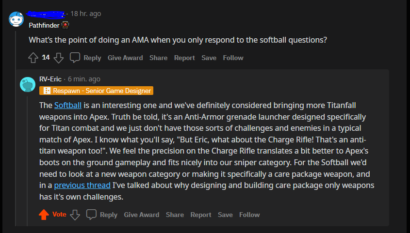 kalyrical's tweet photo. Been a while since anyone's brought up the Softball, but glad @EricCanavese was up to tackle that question anyway on the @PlayApex AMA 🙌😉

https://t.co/ge7aMJBTCc

Btw we're still live and NOT just taking questions on the R-6P Softball! https://t.co/ocpsWjXZoz https://t.co/InKDnolDfe