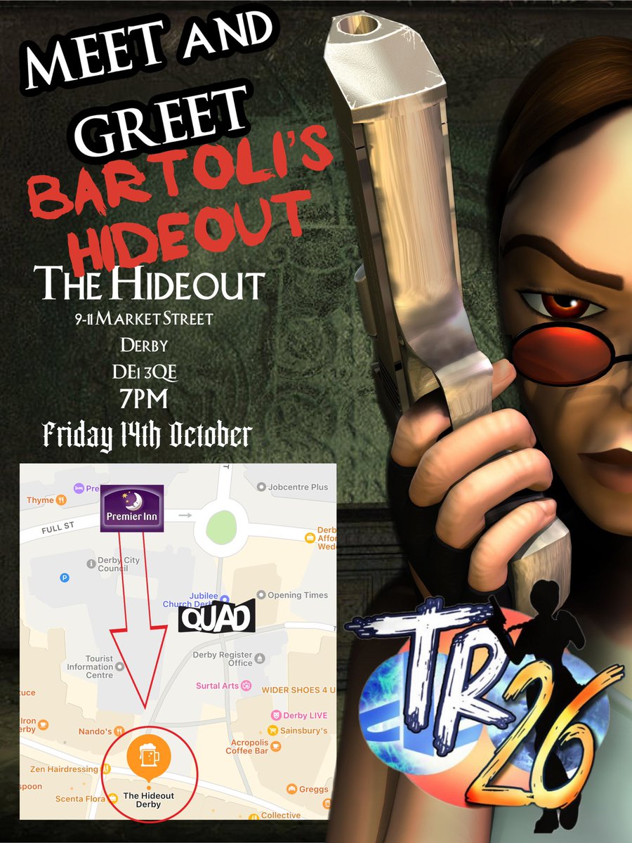 💥🎮 Get yourself down to (Bartollis) Hideout, Derby from 7pm on Friday 14th Oct. Meet and greet people from the community as we play Tomb Raider 2 in the city it was made in. The Hideout will be serving drinks 7-11pm as a small warm up to what will be another amazing TR event!