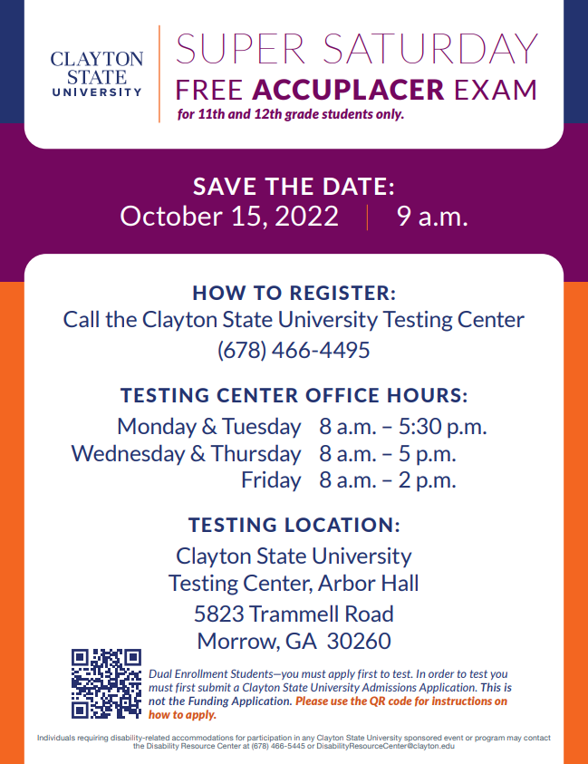 Need to take an Accuplacer? 11th and 12 Grade Students can take it FREE on Saturday, October 15th!
#claytonstate #dualenroll #freeaccuplacer