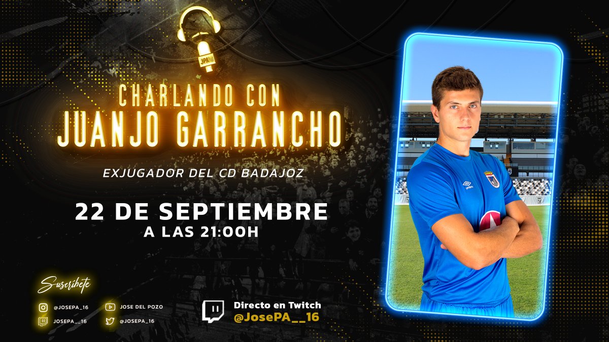 〰️ 𝘾𝙃𝘼𝙍𝙇𝘼𝙉𝘿𝙊 𝘾𝙊𝙉 〰️
🗣️ <a href="/jgarrantxo/">Juanjo Garrancho</a> 
🗓️ Jueves 22/09 - 🕘 21:00h

📺 Activa las notificaciones ⬇️:
🔗🟪 twitch.tv/josepa__16

📸 #CDB
<a href="/Primera_RFEF/">Primera Federación Versus e-Learning</a> | <a href="/CDBadajoz/">CD Badajoz</a>
