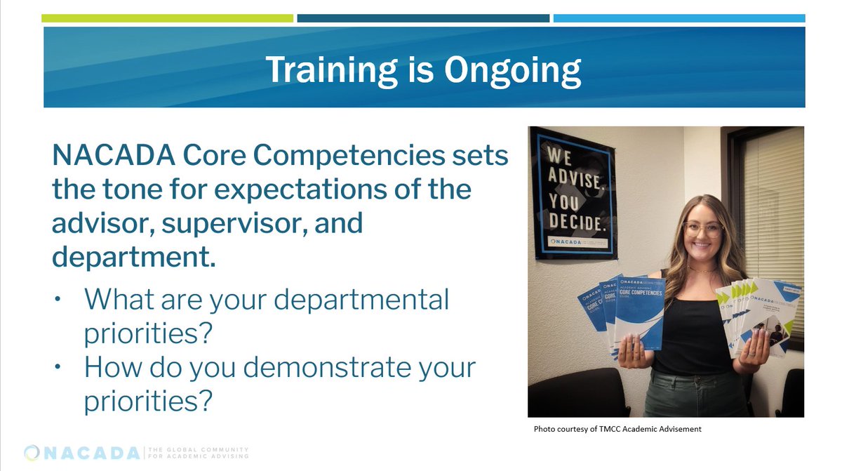 NACADA's tweet photo. Next Natalie Brown shares how training (onboarding, weekly training, and so on) with Core Competencies as the foundation to build a solid team #nacadaweb #acadv https://t.co/keOr0lSGS2