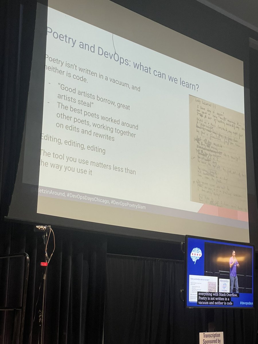 Wow, I love ignites! When else could you hear the strong correlations between poetry and DevOps?! Thanks <a href="/MetzinAround/">metzinaround on bluesky</a> for the exceptional DevOps Poetry slam! #devopsdays Chicago!