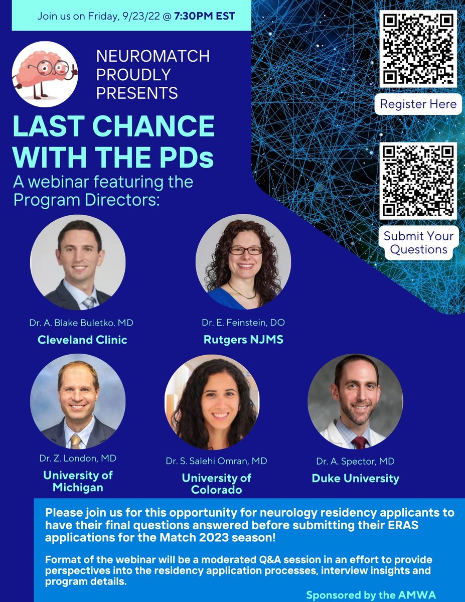 NeurologyMATCH2025 (@nmatch2025) on Twitter photo LAST CHANCE WITH THE PDs!
Happening Friday, 9/23 at 7:30 PM EST
Meet our PD panelists: <a href="/BlakeBuletko/">A. Blake Buletko, MD</a> (<a href="/CLENeurons/">Cleveland Clinic Neurology Residents</a>), Dr. Feinstein (<a href="/NeuroRutgers/">RutgersNeuro</a>), <a href="/zach_london/">Zach London</a> (<a href="/UMICHNeuroRes/">UM Neurology Residency Program</a>), Dr. Salehi Omran (<a href="/UColoradoNeuro/">University of Colorado Neurology Residency Program</a>), and <a href="/AndrewSpectorMD/">Andrew Spector</a> (<a href="/Duke_Neurology/">Duke Neurology</a>)! LAST CHANCE WITH THE PDs!
Happening Friday, 9/23 at 7:30 PM EST
Meet our PD panelists: <a href="/BlakeBuletko/">A. Blake Buletko, MD</a> (<a href="/CLENeurons/">Cleveland Clinic Neurology Residents</a>), Dr. Feinstein (<a href="/NeuroRutgers/">RutgersNeuro</a>), <a href="/zach_london/">Zach London</a> (<a href="/UMICHNeuroRes/">UM Neurology Residency Program</a>), Dr. Salehi Omran (<a href="/UColoradoNeuro/">University of Colorado Neurology Residency Program</a>), and <a href="/AndrewSpectorMD/">Andrew Spector</a> (<a href="/Duke_Neurology/">Duke Neurology</a>)!