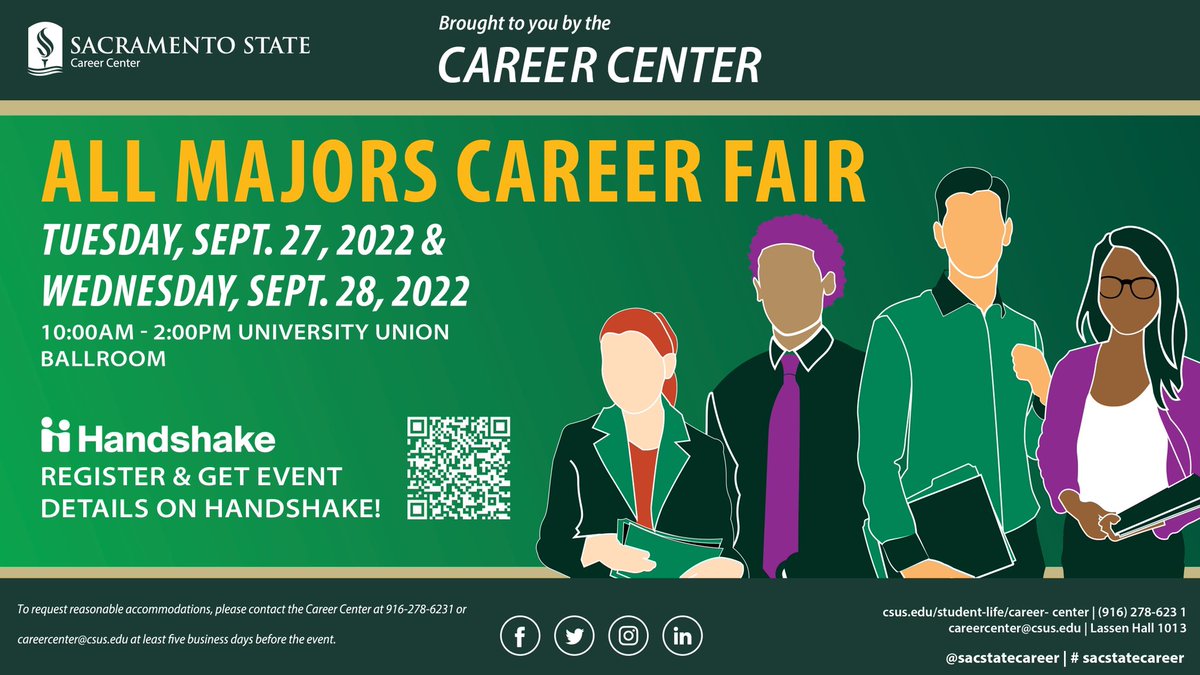 sacstatecareer's tweet photo. The Fall All Majors Career Fair is back on Sept. 27 &amp; 28, 10am-2pm in the University Union Ballroom @sacstate featuring 140+ employers! Register for the fair and be entered into a drawing for a $20 Hornet Bookstore gift card on Instagram @sacstatecareer https://t.co/PtSuBs52vo https://t.co/V3DRnnP0nH