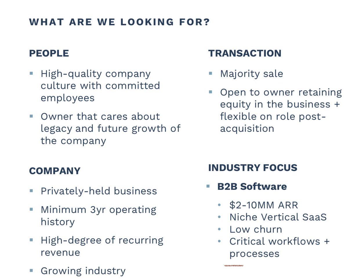 girdley's tweet photo. Seemingly every search fund has some variation of these same criteria.

The contrarian in me wonders:

What opportunities are out there that don’t meet them? https://t.co/dB7uSbltxU