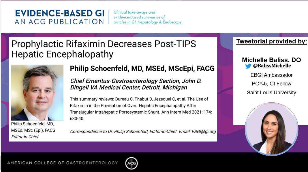 1/ #EBGI Tweetorial🧵w/ <a href="/BalissMichelle/">Michelle Baliss, DO</a>!

“Prophylactic Rifaximin Decreases Post-TIPS Hepatic Encephalopathy”

📜Summary bit.ly/HERifaximin
📰 <a href="/AnnalsofIM/">Annals of Int Med</a> bit.ly/3ANdYxR
🎧 Summary: bit.ly/3wv1F6P

<a href="/EBGIdoc/">Evidence-Based GI Doc</a>