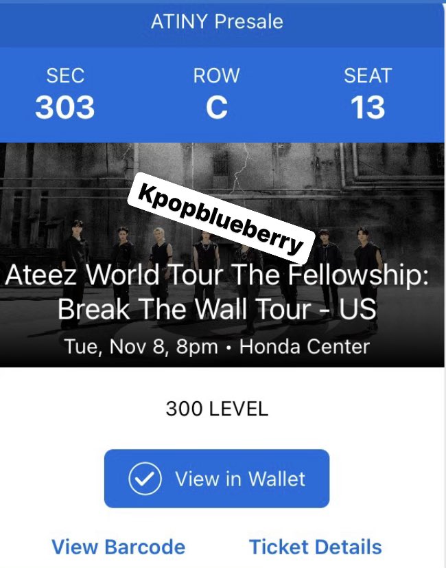 KpopBlueBerry's tweet photo. I was able to get tickets to the Ateez Oakland show and now have 3 tickets for their LA show on 11/8. I am selling them for face value ($139 per ticket, including the original fees). 
Tickets: Sec 303, Row C, seats 11-13
If you are interested in purchasing please message me! https://t.co/zh9xpTVeMZ