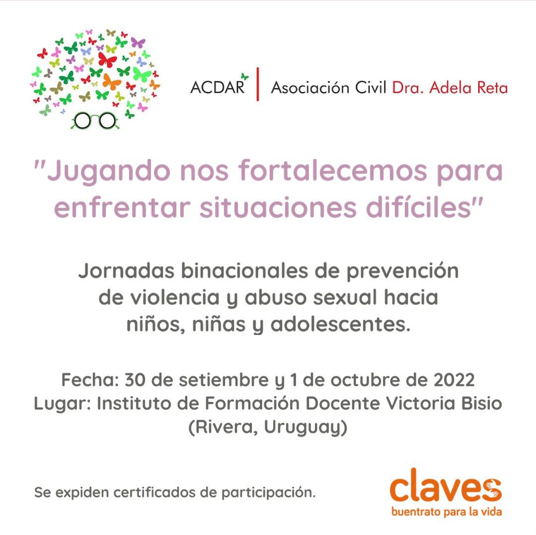 ProgramaClaves's tweet image. 👉🏻 Jornadas binacionales de prevención de la violencia y abuso sexual hacia niños, niñas y adolescentes.

🗓️ Viernes 30/9
🗓️ Sábado 1/10
⏰ De 8 a 18 h
📍 Instituto de Formación Docente de Rivera, Agraciada Nº 892 de la Ciudad de Rivera
💰Gratuito
👉🏻 Inscripciones: link en la bio