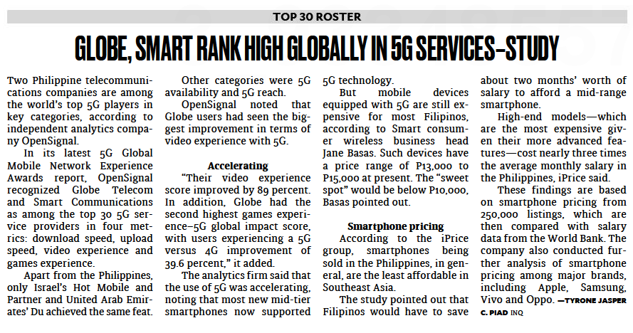 TyronePiad's tweet photo. OpenSignal: Globe, Smart rank high globally in 5G services https://t.co/A0jBSjacoL