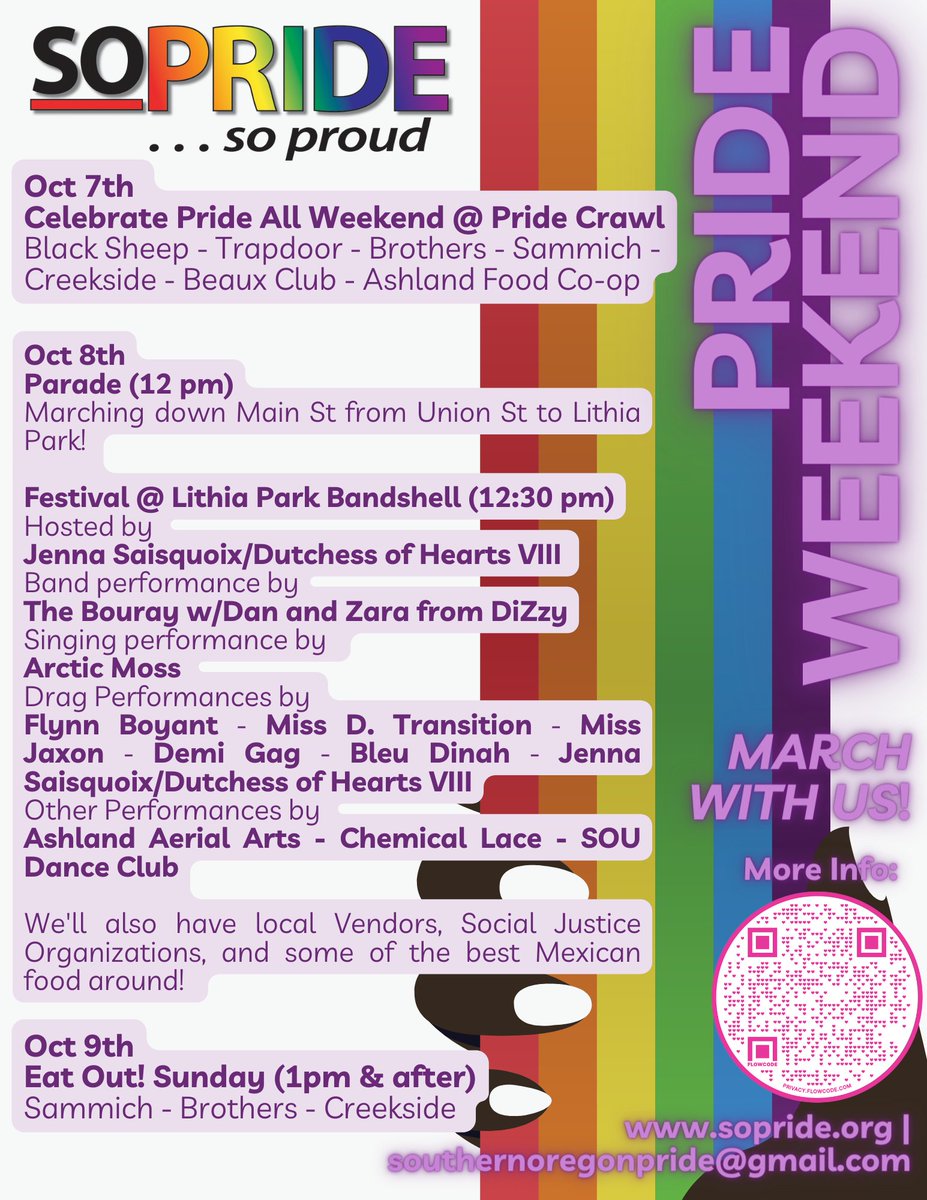 Check out our updated list for SOPride! Friday Oct 7 kicks us off with Pride Crawl at some favorite local Ashland businesses. Join us on Oct 8 for the march down Main Street, along with festival performances at Lithia Bandshell, local vendors &amp; food! 

Stay tuned for more 🏳️‍🌈🏳️‍⚧️