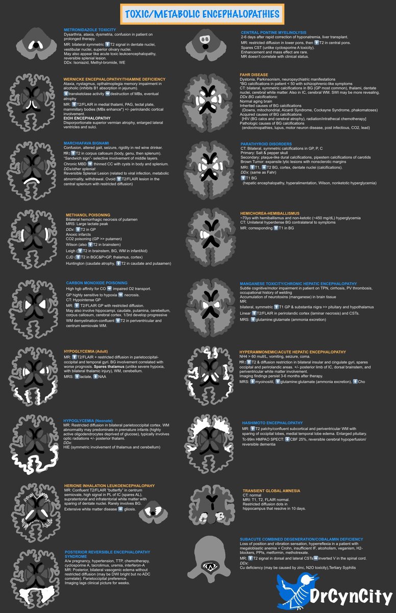 a_charidimou's tweet photo. 📀 MRI findings / ☠️toxic-metabolic 🧠-pathies

🚀Stellar schematic via: @drcyncity

#MedTwitter #neurotwitter #FOAMrad #radres  #NeuroRad #Neurology #Neurosurgery #RadEd #MRI #neuroradiology #radiology https://t.co/fjZgUq8gbR