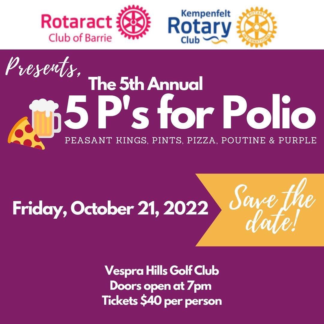Save the Date! Our 5th annual polio event is back! Join us on October 21 at @vesprahillsgolf for a night of entertainment from @peasantkingsband, while enjoying some pints, pizza, poutine and purple! Tickets are available at kempenfeltrotary.ca/event/5-p-s-fo…