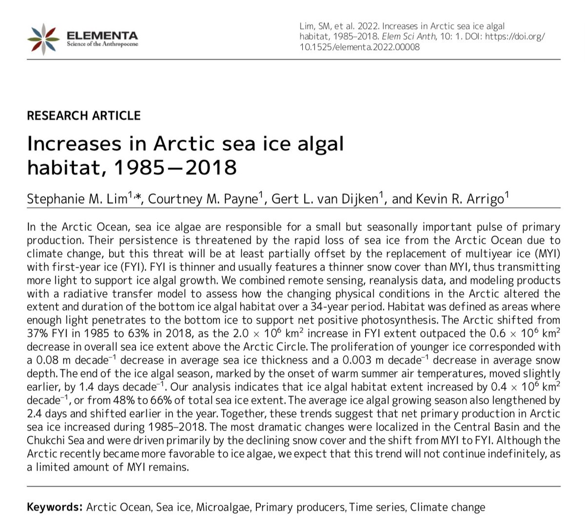 🧊 Sea ice algae live in/attached to Arctic sea ice. Sea ice is melting and decreasing. BUT ice algal habitat is increasing! How is this possible? 😮 🚨 We look at this in my first PhD paper: online.ucpress.edu/elementa/artic… 🧵A thread on what we found... (1/n)