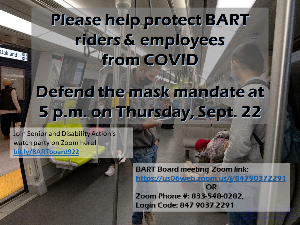 sdaction1's tweet photo. Join us in calling into the @SFBART meeting tomorrow (Thursday, 9/22) at 5pm to demand a continuation of the mask requirement! The pandemic is NOT over! #MaskUpInTravel #Masks4Equity https://t.co/Ym5zMKXgGW