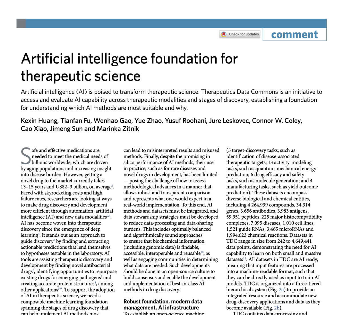 Excited to share our new paper in Nature Chemical Biology @nchembio AI is poised to transform #therapeutic #science The Commons is an initiative to access and evaluate #AI capability across therapeutic modalities and stages of discovery 1/4 nature.com/articles/s4158…