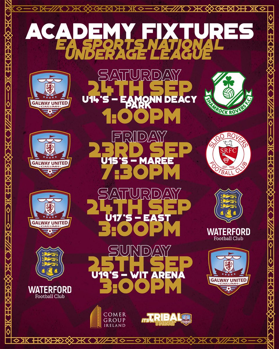 🗣 𝗔𝗖𝗔𝗗𝗘𝗠𝗬 𝗙𝗜𝗫𝗧𝗨𝗥𝗘𝗦

🏆: As the end of the season edges closer, our four underage sides are competing for silverware in their respective leagues. 

🇱🇻: If you’re in the area this weekend, make sure to pop down and support the lads! 

#ItsATribalThing