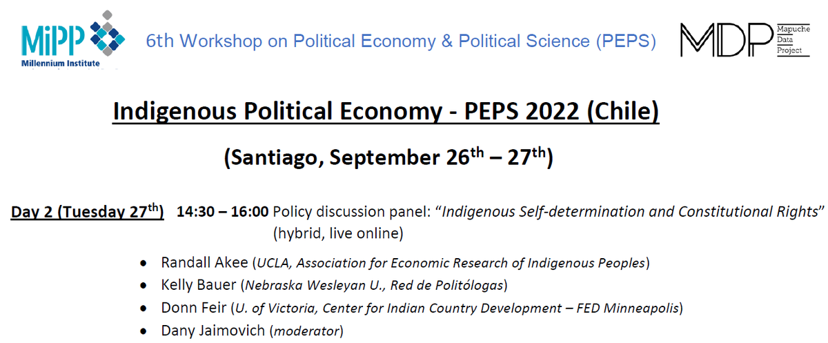 djaimovi's tweet photo. As part of the Indigenous Political Economy Workshop, on September 27th (14:30 🇨🇱, GMT-3) we will have a policy discussion panel with @indigenalysis @__queli @DonnFeir 

This will be live online here: https://t.co/zaUEmqkMKS

Other presenters include @rdisip @cayul @FelipeJordn https://t.co/9TLvLJmbYm