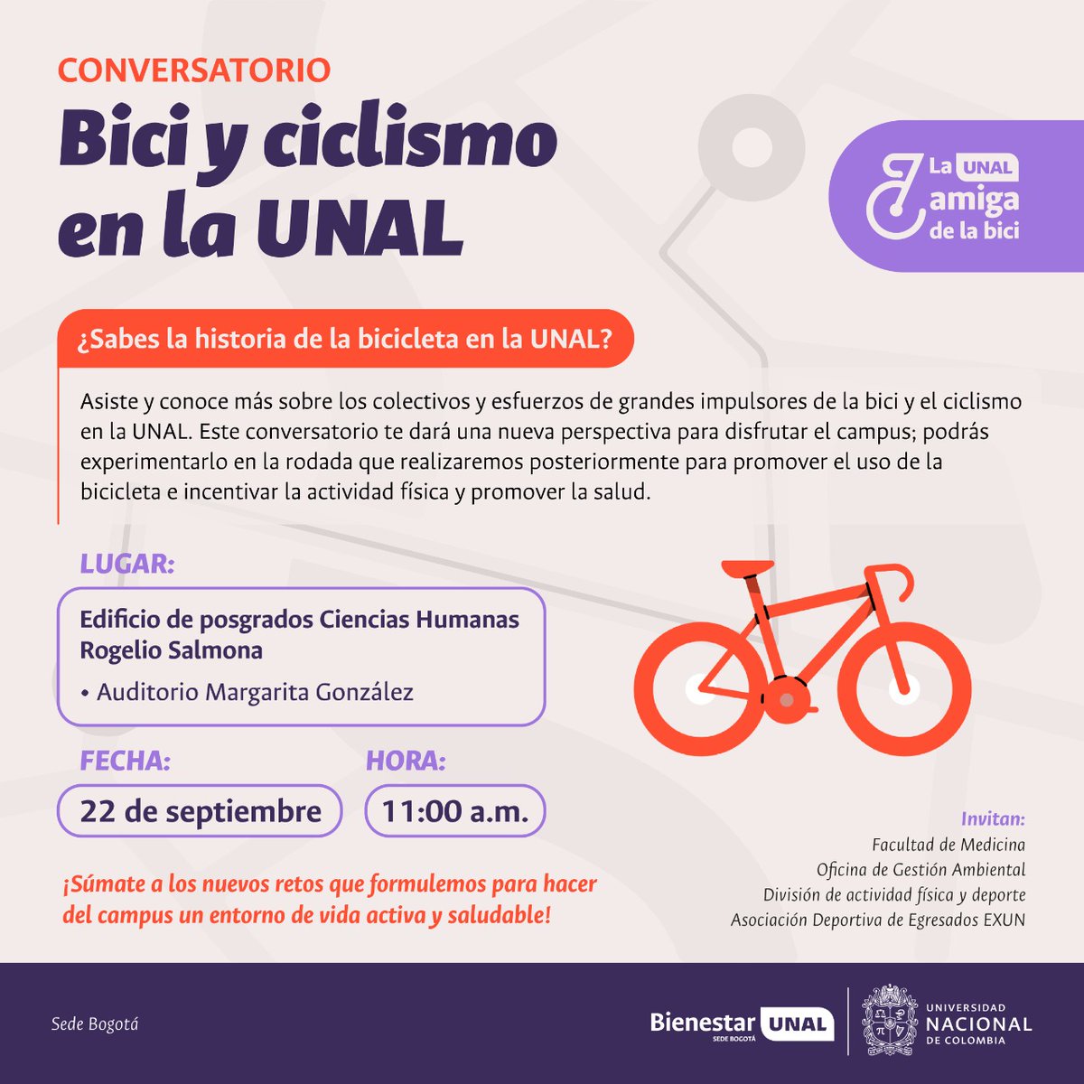 Cómo homenaje a Efrain "Zipa" Forero, el día de mañana la <a href="/UNALOficial/">Universidad Nacional de Colombia</a> tendrá una jornada de ciclismo para toda la comunidad universitaria y así mismo se invita al Conversatorio sobre la historia de la bici en la U a las 11am.

La rodada será desde las 12 en la Plaza Central.