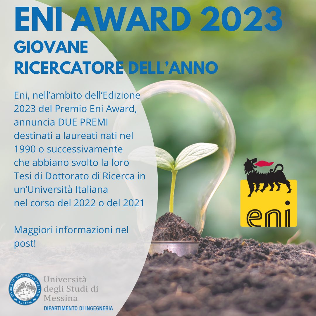 DipIngUnime's tweet photo. Nell’ambito dell’Edizione 2023 del Premio Eni Award, @eni annuncia
2️⃣ PREMI
per Tesi di Dottorato di Ricerca svolte in Italia nel corso del 2022 o del 2021 sui temi di carattere scientifico promossi dall’Eni Award https://t.co/Uy4WBb64BS https://t.co/RvZ70sNmyE