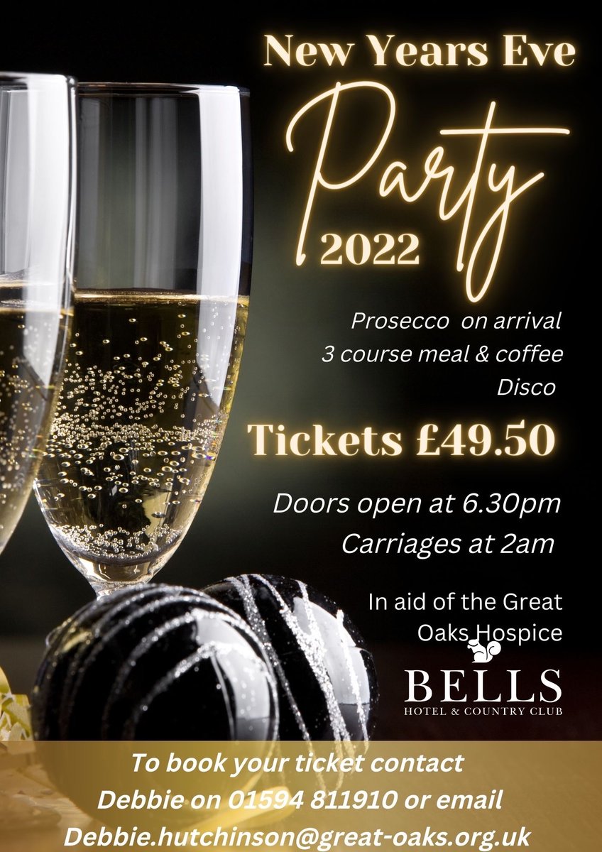 GreatOaksHosp's tweet photo. #NewYearsEve #Party #2022 @Bells_Hotel with #Awardwinning @petesteaddj #Prosecco #ThreeCourseMeal #Music ##Dancing #Hospice #Charity #Fundraising @theforestofdean @ForestofDeanNet https://t.co/Ga3CtDLLgf