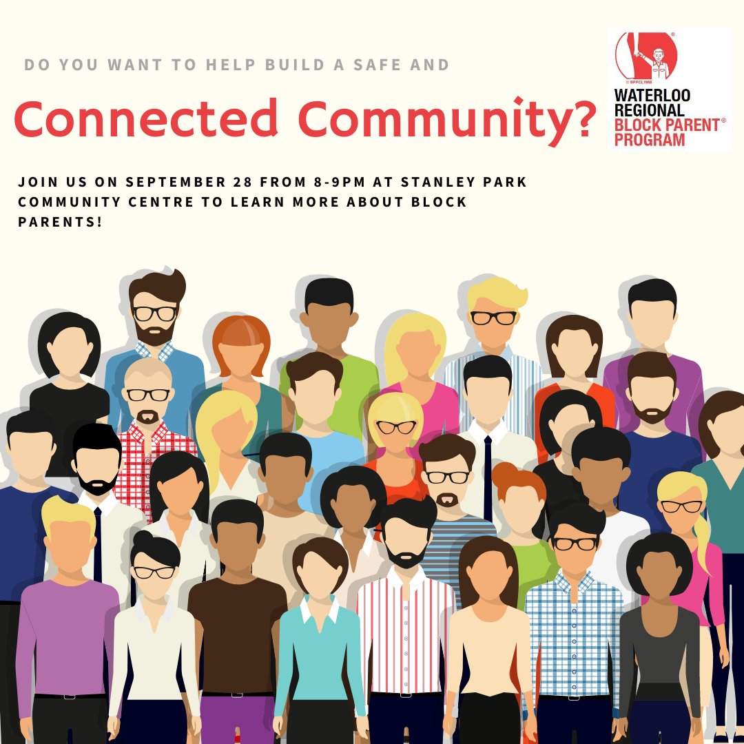 WatBlockParents's tweet photo. Block Parents are presenting to Stanley Park Community Association @SPCAKitchener on Wed Sept 28, 8-9:00pm, and YOU ARE INVITED!

Do you wish your community was more connected?

By becoming a Block Parent, you can build trust &amp; connectivity in your community...again!

Join us! https://t.co/64HXmIWONG
